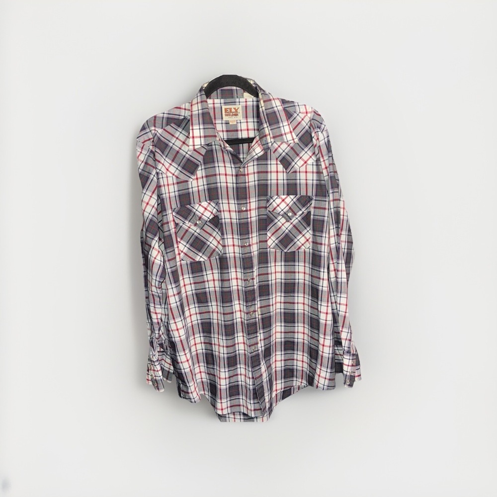 ELY Cattleman‎ Long Sleeve Plaid Shirt Men's Large Black Gray Western Pearl Snap